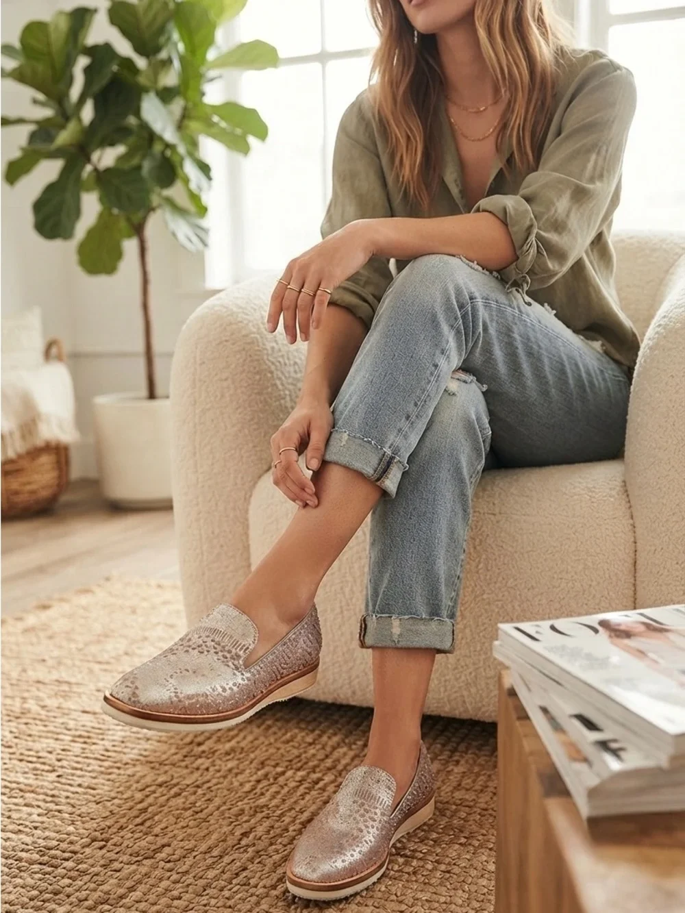 Free People Snake Eyes Metallic Silver Woven Platform Slip-On Loafers Size 6